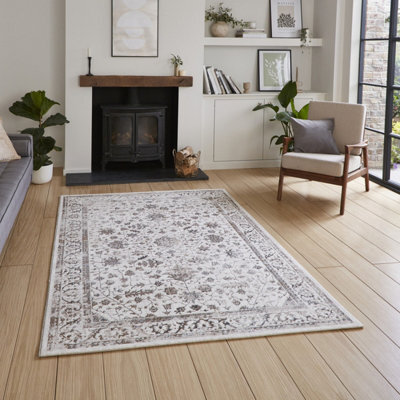 Beige Silver Abstract Bordered 8mm Pile Rug For Bedroom, & Dining Room, Easy To Clean Traditional Rug-120Cm X 170Cm - image 1