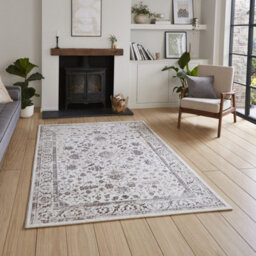 Beige Silver Abstract Bordered 8mm Pile Rug For Bedroom, & Dining Room, Easy To Clean Traditional Rug-120Cm X 170Cm - thumbnail 1