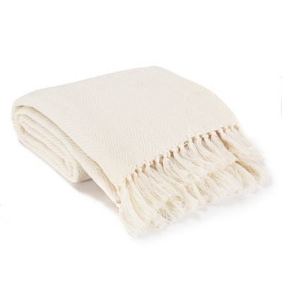 Ehc Herringbone Lightweight Soft Warm Wool Feel Acrylic Throws For Sofa Blanket - Ivory - image 1