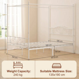 Canopy Bed Frame Double Size, Metal Platform Bed Frame, White - thumbnail 2