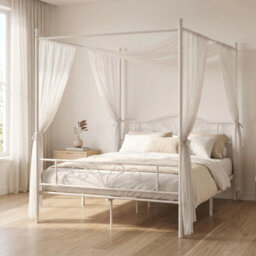 Canopy Bed Frame Double Size, Metal Platform Bed Frame, White - thumbnail 4