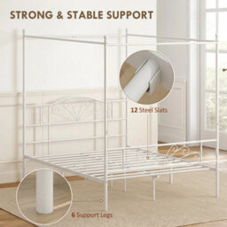 Canopy Bed Frame Double Size, Metal Platform Bed Frame, White - thumbnail 6