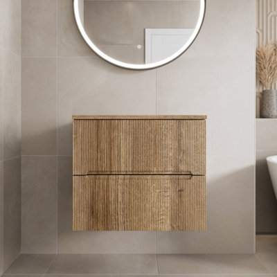 Affine 600mm Bathroom Vanity Unit Oak Countertop Wall Hung Fluted Oak Unit No Basin - image 1