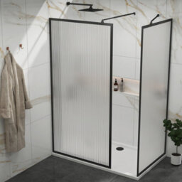 Royal Bathrooms Luxor Walk In Wet Room Fluted Shower Enclosure With 1400 X 760mm Stone Tray & Matt Black Frame 8mm Easy Clean Glass - thumbnail 4