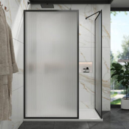 Royal Bathrooms Luxor Walk In Wet Room Fluted Shower Enclosure With 1400 X 760mm Stone Tray & Matt Black Frame 8mm Easy Clean Glass - thumbnail 3