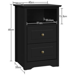 Yaheetech Black Bedside Table With 2 Drawers And 1 Cubby (H)600mm (W)400mm (D)350mm - thumbnail 4