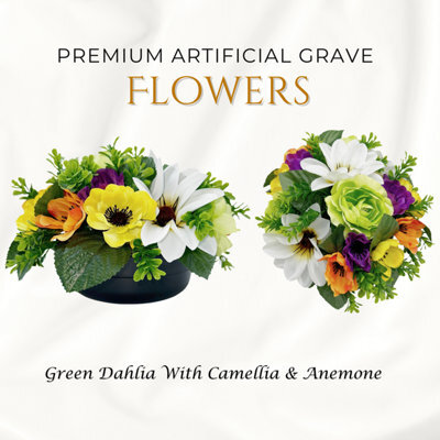 Premium Artificial Grave Flowers - 24Cm Green Dahlia With Camellia & Anemone Weighted Pot