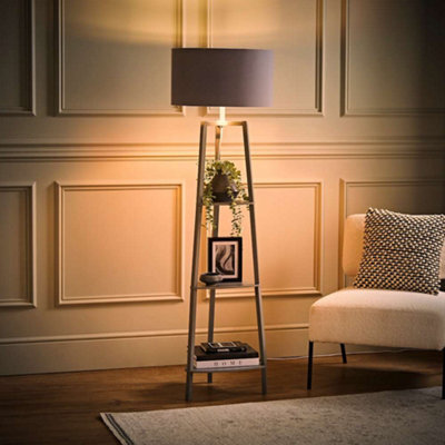 Valuelights Hiru Grey 3 Tier Shelf Floor Lamp With Metallic Silver Inner Shade And Bulb - image 1