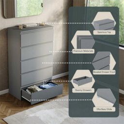 Grey  5 Drawer Chest Of Drawers Storage Cabinet Bedroom Furniture - thumbnail 3