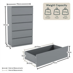 Grey  5 Drawer Chest Of Drawers Storage Cabinet Bedroom Furniture - thumbnail 2