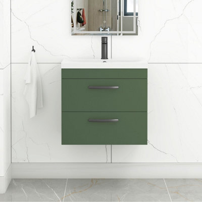 Royal Bathrooms Turin 600mm Wall Hung Vanity Unit Matt Green 2 Drawer Mid-Edge Basin With Matt Black Handles - image 1