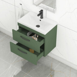 Royal Bathrooms Turin 600mm Wall Hung Vanity Unit Matt Green 2 Drawer Mid-Edge Basin With Matt Black Handles - thumbnail 5