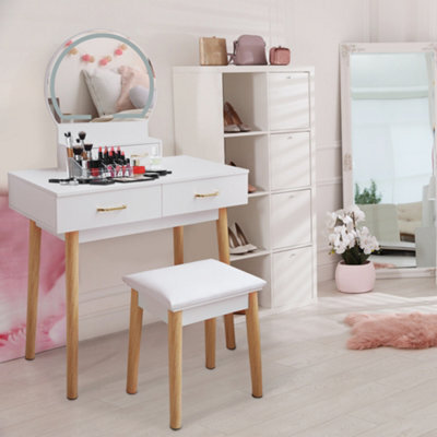 Alivio Dressing Table Set Round Mirror With Led Lights, Cushioned Stool, 4 Drawers Makeup Table Kit - White - image 1