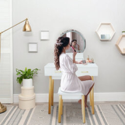 Alivio Dressing Table Set Round Mirror With Led Lights, Cushioned Stool, 4 Drawers Makeup Table Kit - White - thumbnail 7