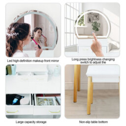 Alivio Dressing Table Set Round Mirror With Led Lights, Cushioned Stool, 4 Drawers Makeup Table Kit - White - thumbnail 4