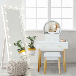 Alivio Dressing Table Set Round Mirror With Led Lights, Cushioned Stool, 4 Drawers Makeup Table Kit - White - thumbnail 6
