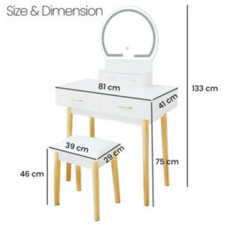 Alivio Dressing Table Set Round Mirror With Led Lights, Cushioned Stool, 4 Drawers Makeup Table Kit - White - thumbnail 2
