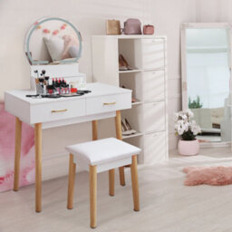 Alivio Dressing Table Set Round Mirror With Led Lights, Cushioned Stool, 4 Drawers Makeup Table Kit - White - thumbnail 1