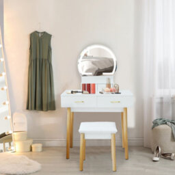 Alivio Dressing Table Set Round Mirror With Led Lights, Cushioned Stool, 4 Drawers Makeup Table Kit - White - thumbnail 9