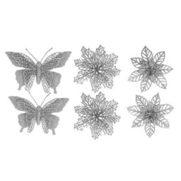 6 Pack Silver Glitter Decorative Clips - Christmas Butterfly & Flower Ornaments - thumbnail 2