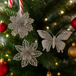 6 Pack Silver Glitter Decorative Clips - Christmas Butterfly & Flower Ornaments