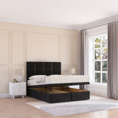 Sloomy Jasmine End Lift Ottoman Bed 4Ft With Sprung Memory Mattress - Black Plush & Headboard- Small Double - image 1