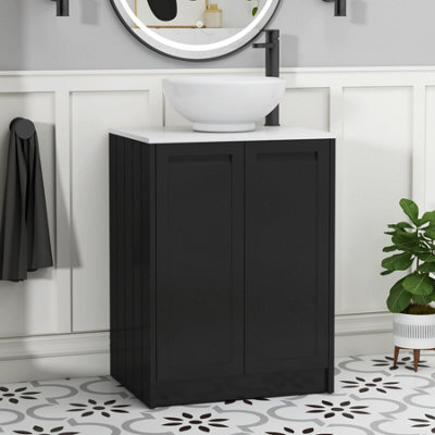 Royal Bathrooms Royal Bathroom Elmore 600mm Matt Nocturne Black Freestanding Bathroom Vanity Unit 2 Door Plain White Worktop With Breeze Basin - image 1