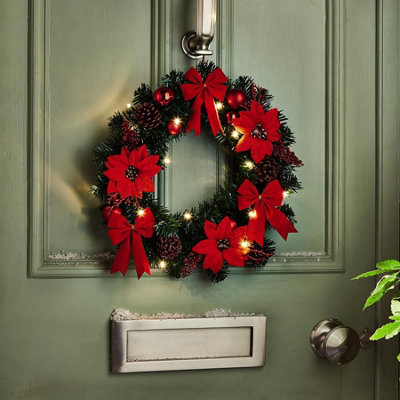 Artificial Poinsettia Led Christmas Wreath - Red Faux Flower Home Wall, Door, Table Decoration - Measures 40Cm Diameter - image 1