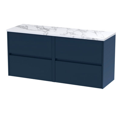Nuie Havana Wall Hung 4-Drawer Vanity Unit & Worktop In Sparkling Black, Countertop Basin Unit In Midnight Blue, 1200mm