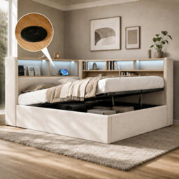 Modernluxe 3Ft Daybed, 90X190Cm, L-Shaped Upholstered With Storage Compartment, With Led, Usb Charging Port, Velvet, Beige