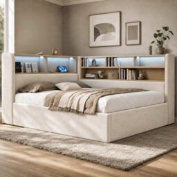 Modernluxe 3Ft Daybed, 90X190Cm, L-Shaped Upholstered With Storage Compartment, With Led, Usb Charging Port, Velvet, Beige - thumbnail 3