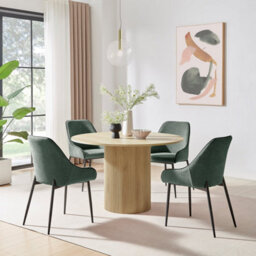 Furniturebox Uk Penrose Oak Effect Round Dining Table & 4 Green Beaumont Chairs