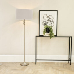Valuelights Maggie Brushed Chrome Silver Candlestick Floor Lamp With Grey Fabric Lamp Shade