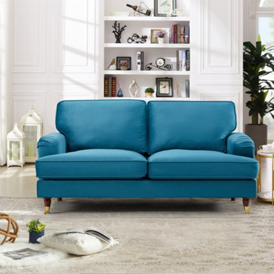 Woodbury 158Cm Wide 2 Seat Teal Velvet Fabric Sofa Walnut Colour Legs With Brass Coloured Wheel