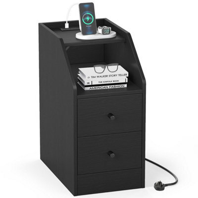 Black Side End Table With Charging Station Sofa Couch Table With Storage Drawers - image 1
