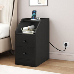 Black Side End Table With Charging Station Sofa Couch Table With Storage Drawers - thumbnail 4
