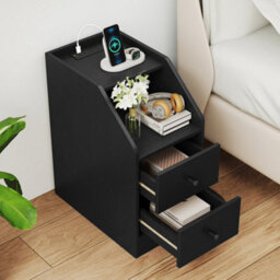 Black Side End Table With Charging Station Sofa Couch Table With Storage Drawers - thumbnail 5