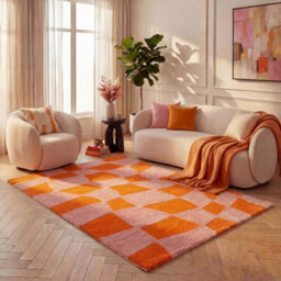 The Rugs Joli Orange And Pink Chequered Rug Soft Dense Pile Easy To Clean And Pet Friendly For Living Rooms And Bedrooms - thumbnail 8