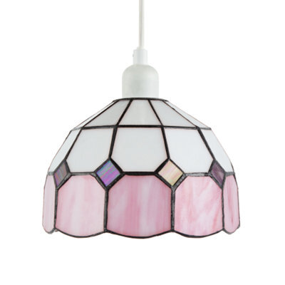 Happy Homewares Traditional Soft Pink And Opal White Tiffany Glass Pendant Light Shade - image 1