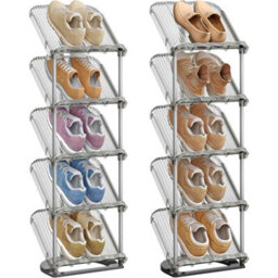 Set Of 2 Slim Sloping Shoe Racks, Customisable 5 Tier Plastic Shoe Storage Organisers, Grey - thumbnail 6