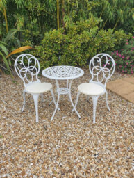 Sh&g Rayleigh 2 Seat Bistro Set - 3 Piece Round Table & Chairs -White Cast Aluminium With Cream Cushions - Indoor & Outdoor