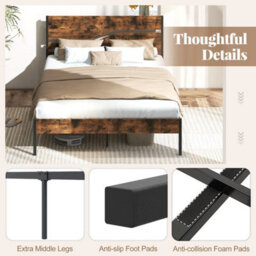 Platform Bed W/ Wooden Headboard Brown King Metal Bed Frame Industrial - thumbnail 3