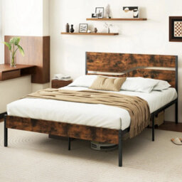 Platform Bed W/ Wooden Headboard Brown King Metal Bed Frame Industrial - thumbnail 1