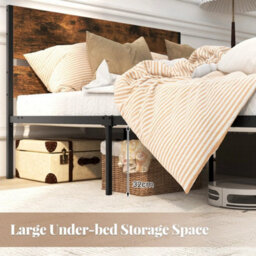 Platform Bed W/ Wooden Headboard Brown King Metal Bed Frame Industrial - thumbnail 4