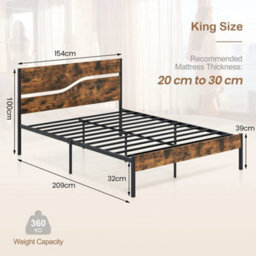 Platform Bed W/ Wooden Headboard Brown King Metal Bed Frame Industrial - thumbnail 2