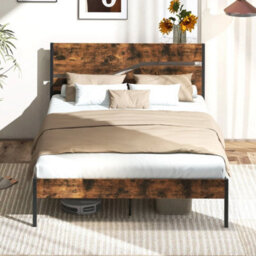 Platform Bed W/ Wooden Headboard Brown King Metal Bed Frame Industrial - thumbnail 6