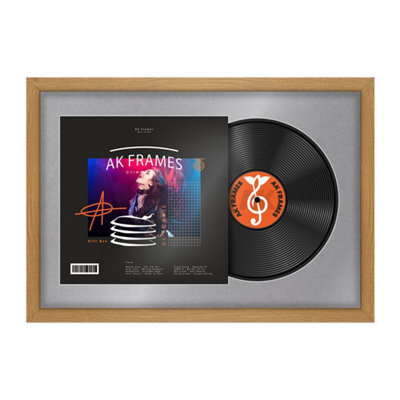 "AK Frames 25X17"" Oak Sleek Vinyl Record Frame With Mid Grey Mount For 12 Inch Lp Cover & Disc - Overlapped Design" - image 1