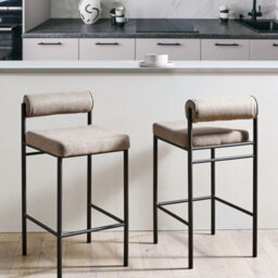 Wyld And Coco Taupe Bar Chairs Set Of 2 With Roll Backrest, Black Powder-Coated Metal Legs, Armless Modern Dining Stools - thumbnail 2