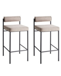 Wyld And Coco Taupe Bar Chairs Set Of 2 With Roll Backrest, Black Powder-Coated Metal Legs, Armless Modern Dining Stools - thumbnail 3