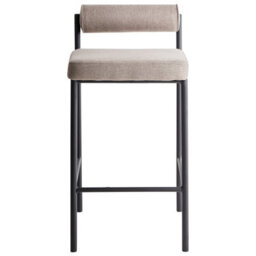 Wyld And Coco Taupe Bar Chairs Set Of 2 With Roll Backrest, Black Powder-Coated Metal Legs, Armless Modern Dining Stools - thumbnail 1